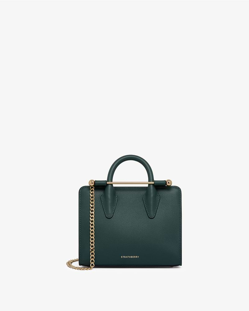 Bottle green Nano Tote with gold bar handle and chain, Strathberry logo.