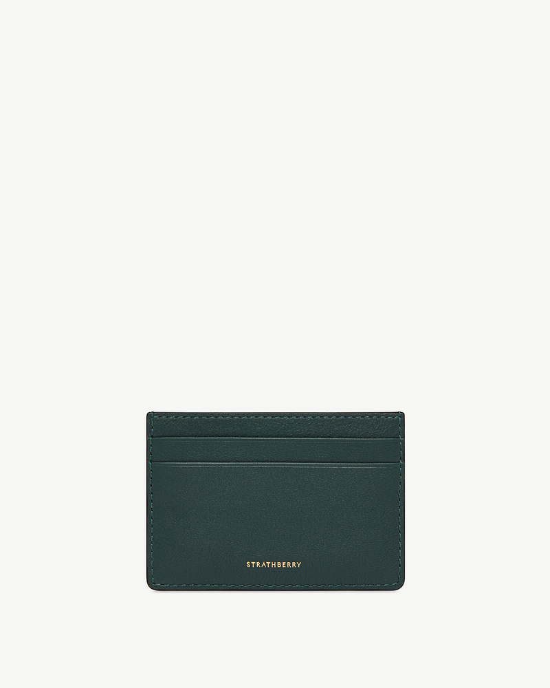 Bottle green leather cardholder with gold Strathberry logo and front card slots