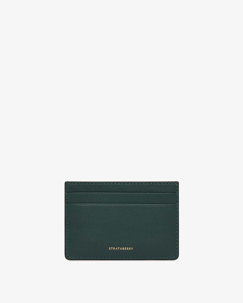 Bottle green leather cardholder with gold Strathberry logo and front card slots