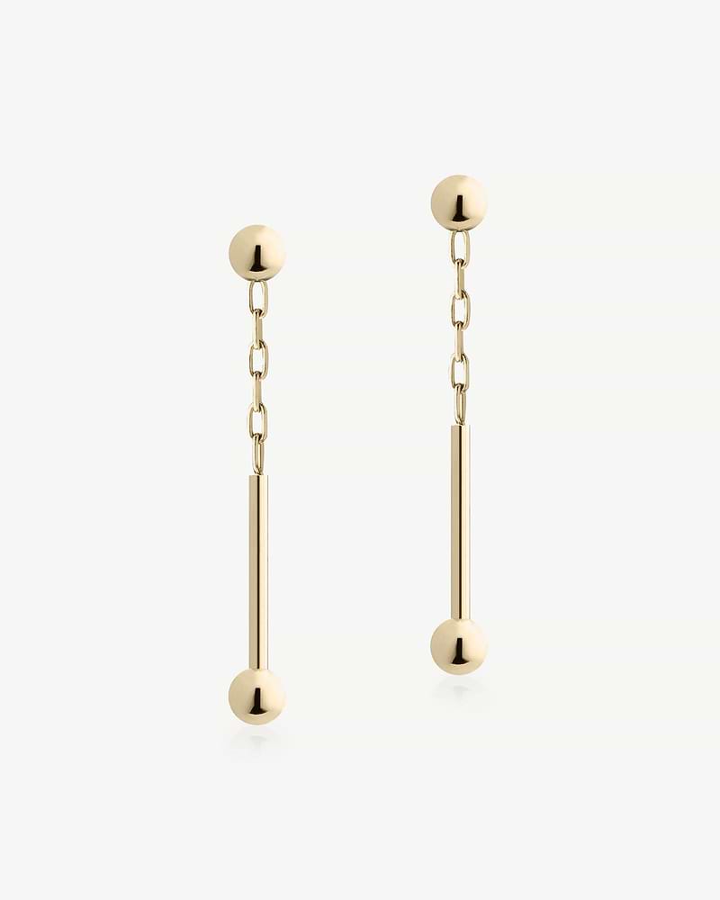 Pair of 22-carat gold-gilded bar drop earrings with chain and spherical ends