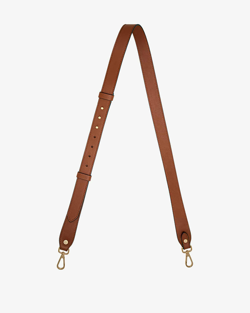 Chestnut adjustable leather strap with gold-tone clips and multiple adjustment holes