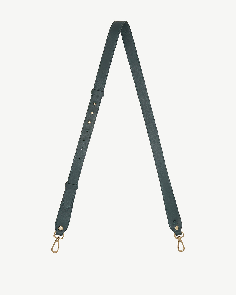 Bottle green adjustable leather strap with gold tone swivel clasps and adjustment holes