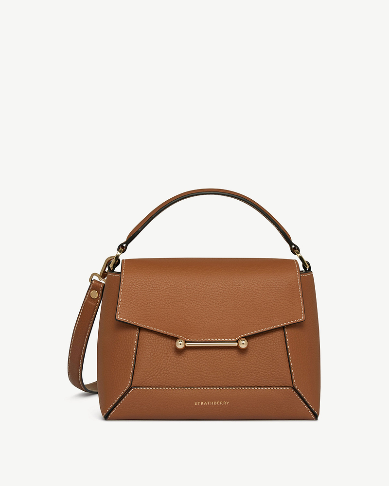 Tan mosaic bag with vanilla stitching, top handle, gold bar hardware, Strathberry logo