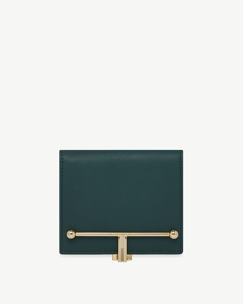Melville Street wallet in bottle green leather with gold T-bar fastening