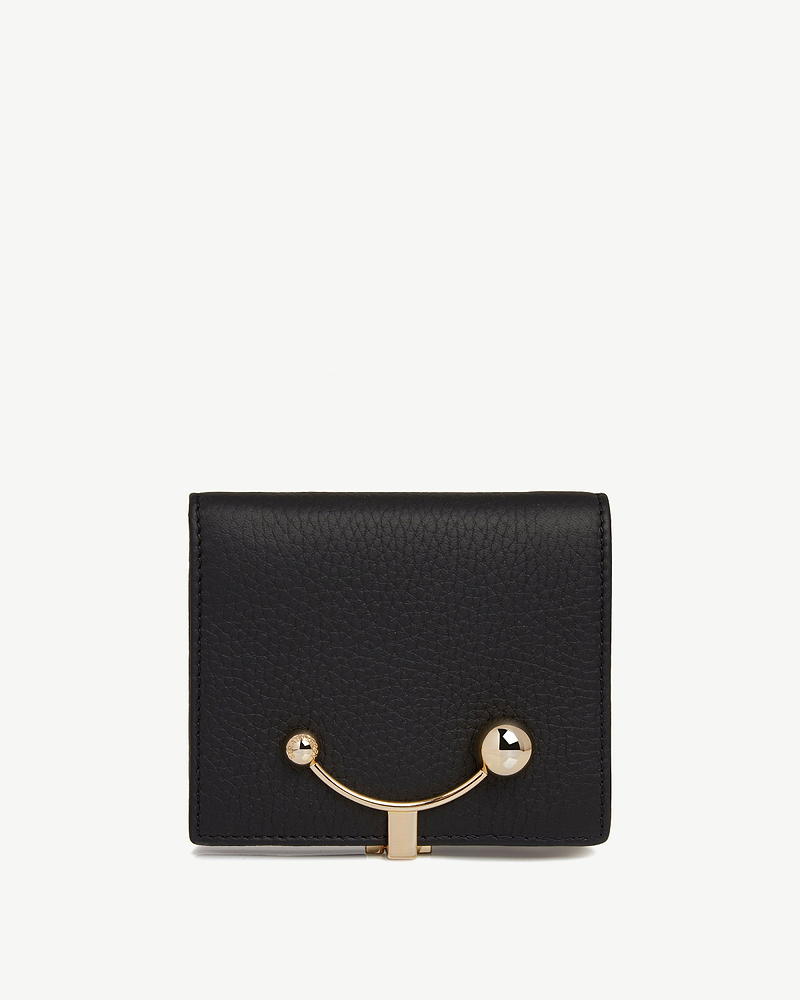 Black pebbled leather crescent wallet with curved gold metal clasp and ball ends