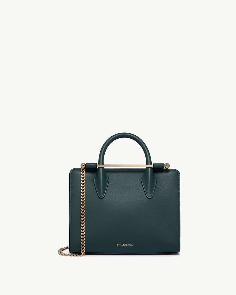 Bottle green mini tote with top handle, gold bar detail and chain strap, Strathberry