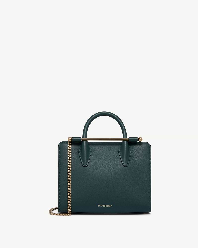 Bottle green mini tote with top handle, gold bar detail and chain strap, Strathberry