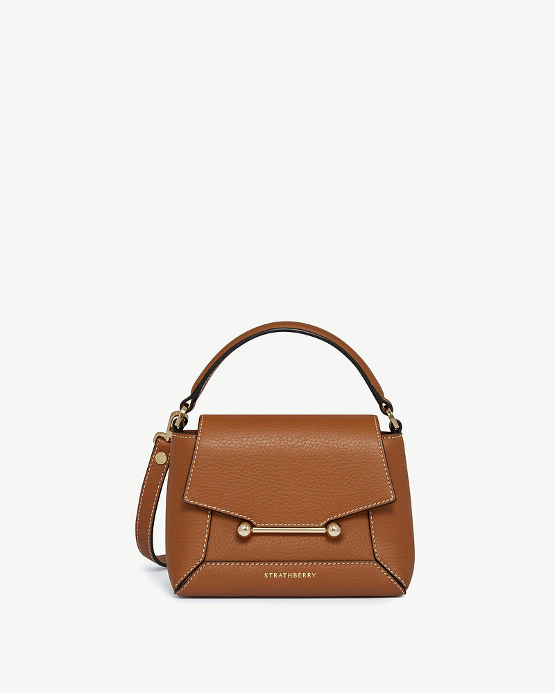 Strathberry Mosaic Nano tan leather top-handle bag with vanilla stitching and gold bar.