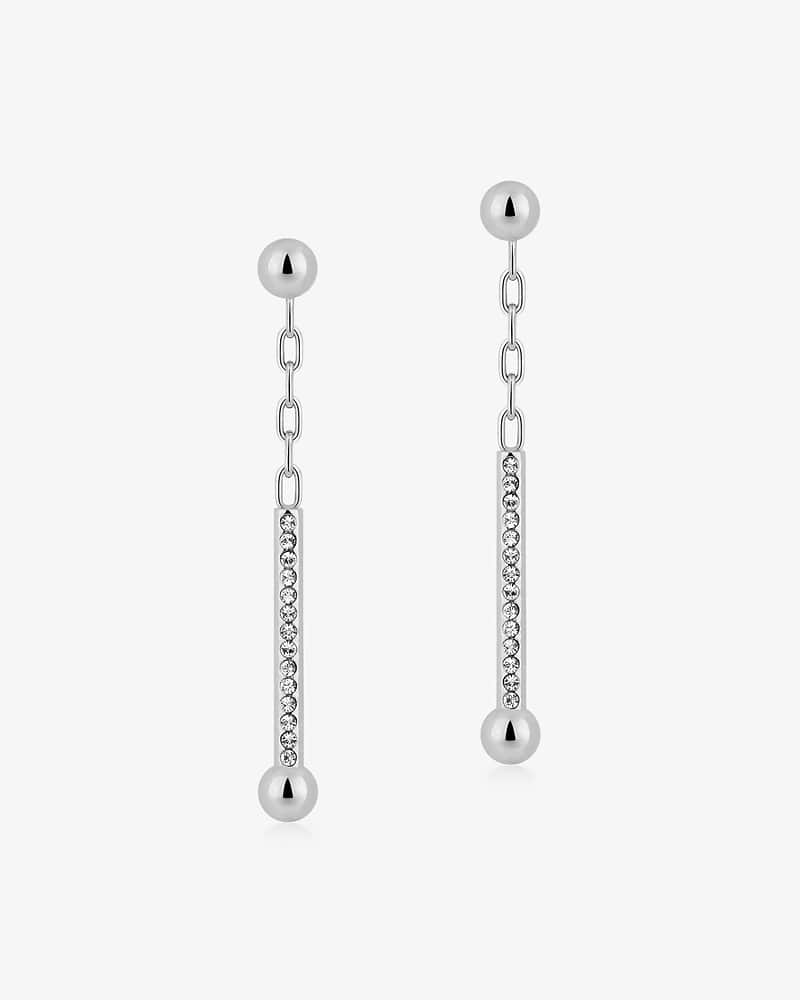 Pair of silver drop earrings with chain and crystal-studded vertical bars.