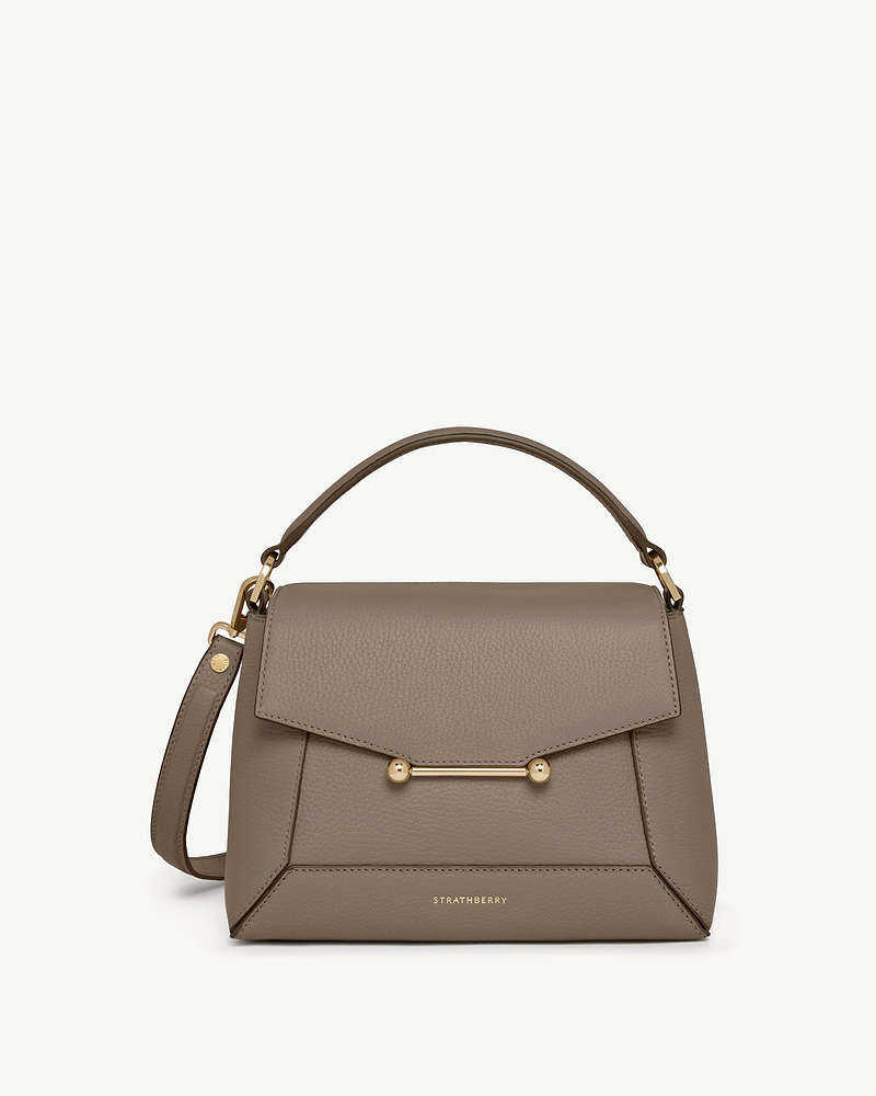 Strathberry taupe mosaic bag with top handle, detachable strap and gold bar.