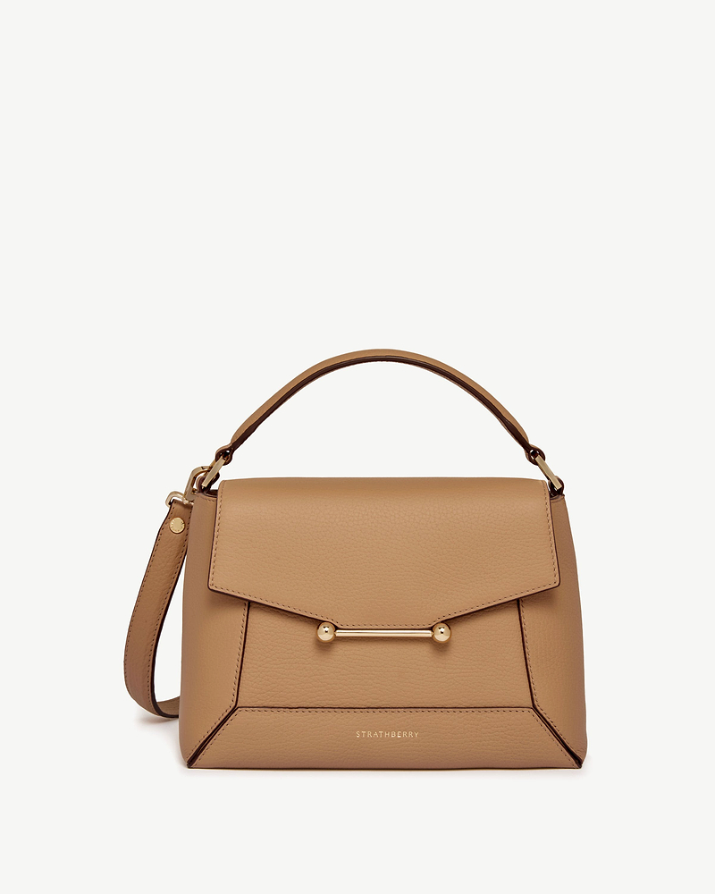 Caramel leather Strathberry mosaic bag with top handle and gold bar fastening.