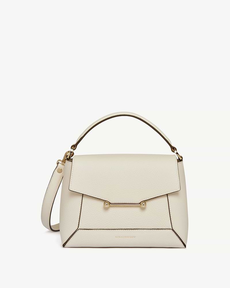 Strathberry Mosaic bag in vanilla leather with top handle, shoulder strap, gold bar