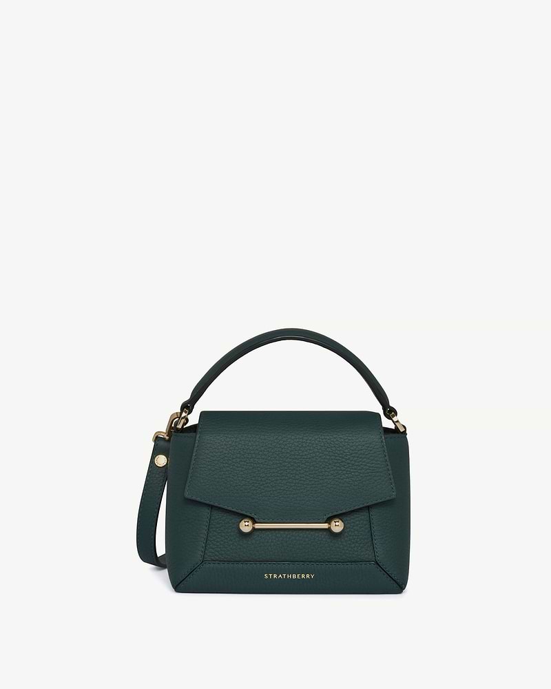 Strathberry Mosaic Nano handbag in bottle green with top handle and gold hardware