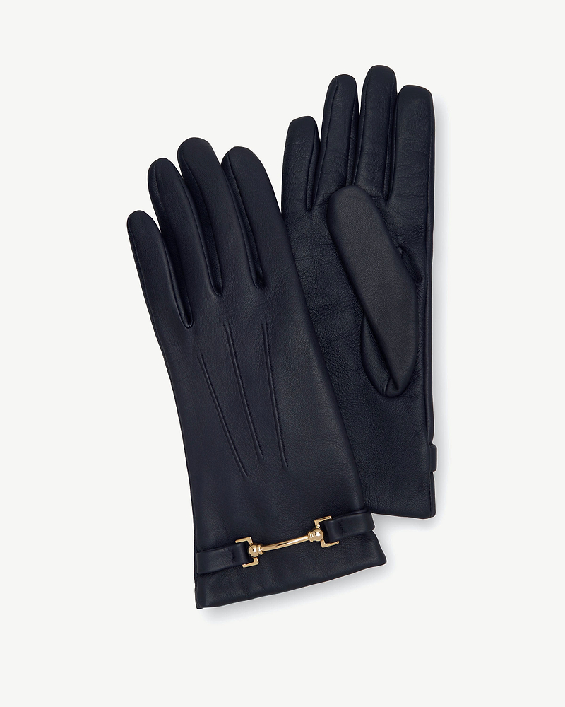Pair of navy leather gloves with three stitched lines and gold buckle.