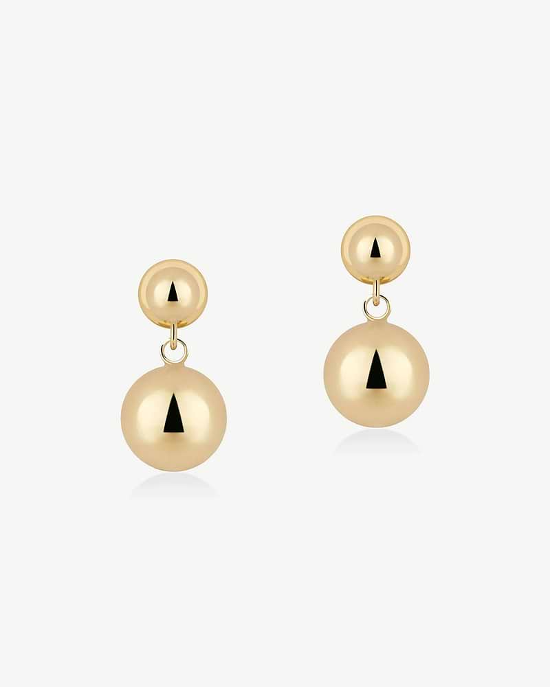 Pair of drop earrings with stacked 22 carat gold gilded spheres.