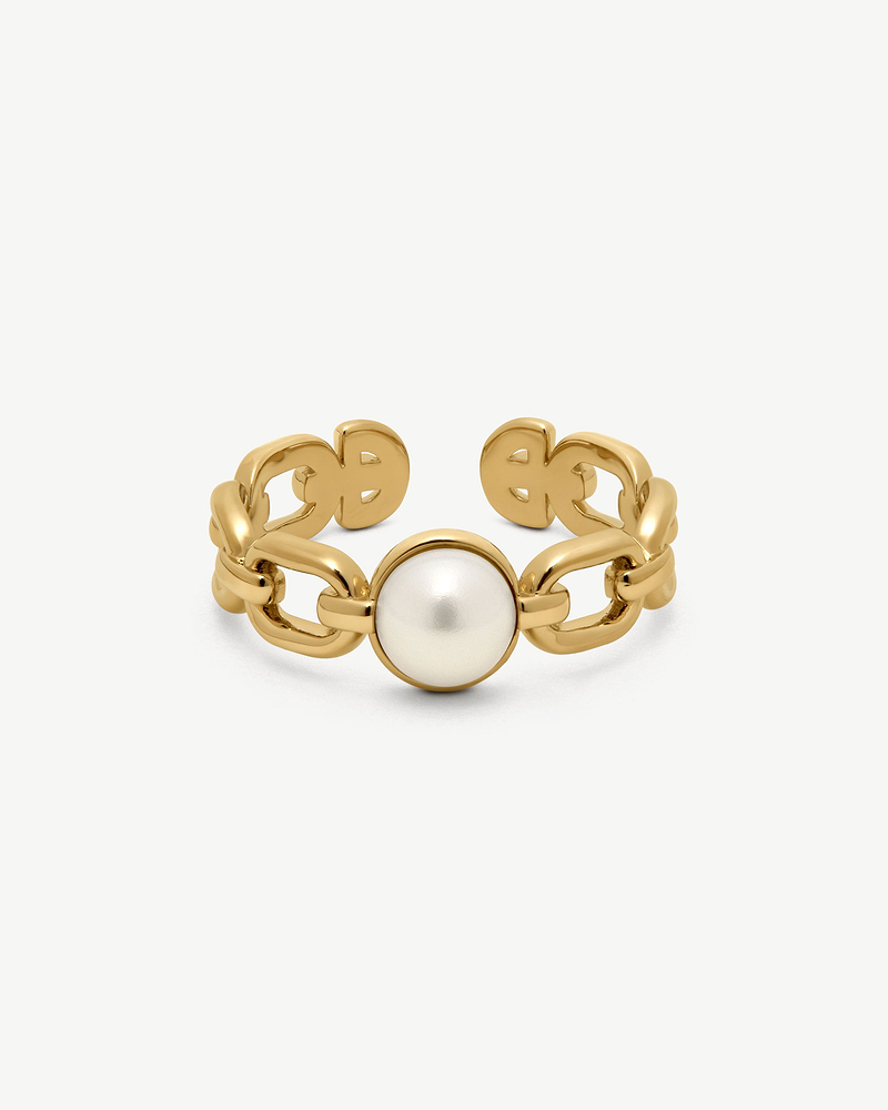 22 carat gold-gilded polished chain-link ring with central round pearl