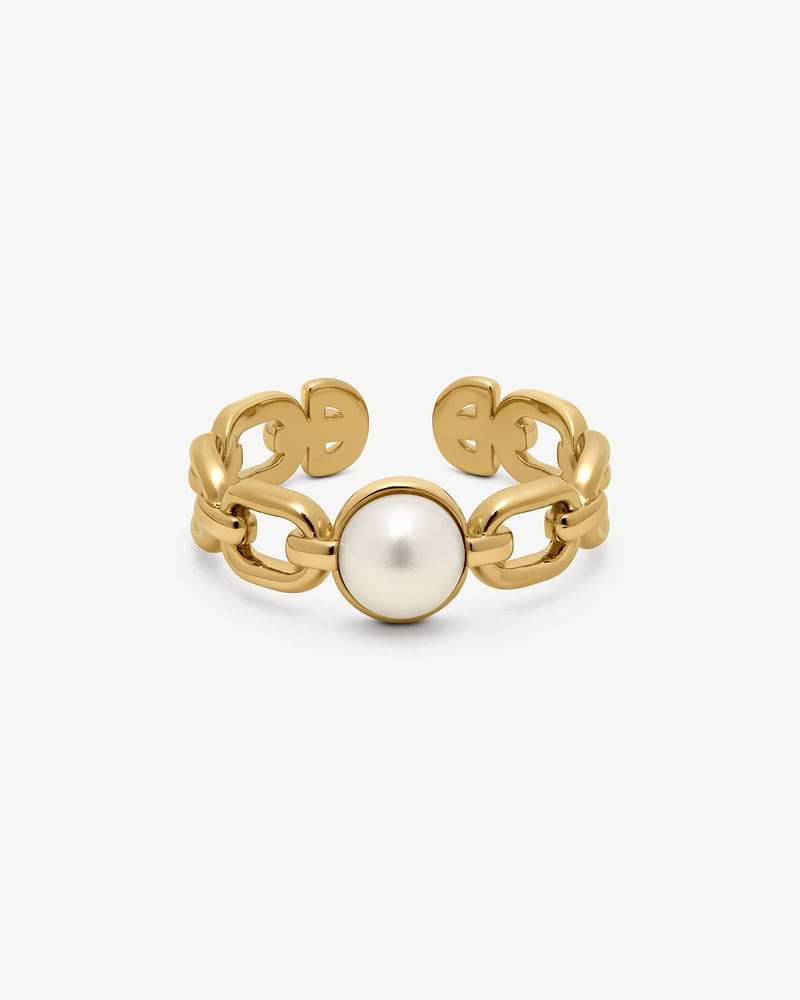22 carat gold-gilded polished chain-link ring with central round pearl