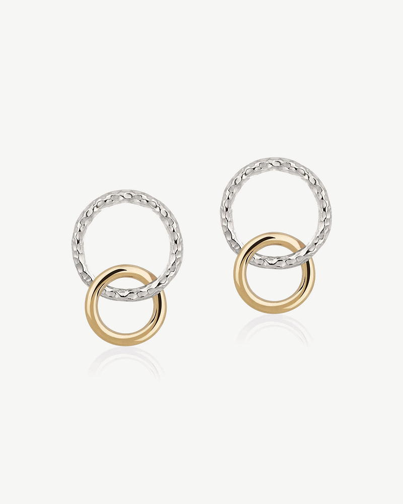 Pair of hoop earrings with textured sterling silver rings and gold inner hoops