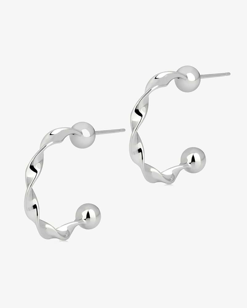 Pair of crescent twisted hoop earrings in sterling silver with ball ends.