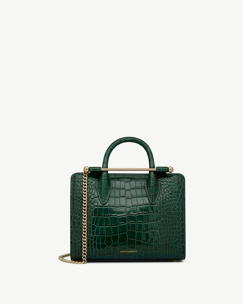 Green croc-embossed mini tote with top handles, gold bar and chain strap, Strathberry