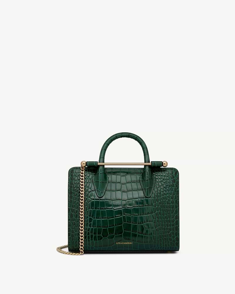 Green croc-embossed mini tote with top handles, gold bar and chain strap, Strathberry