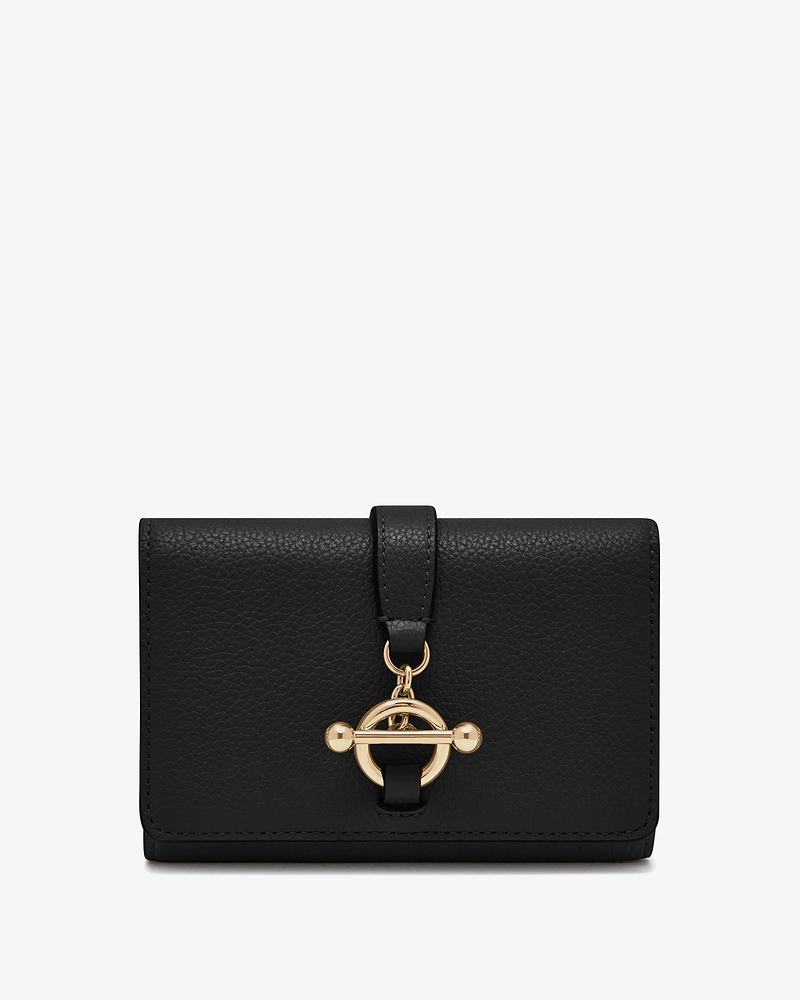Black medium trifold wallet in pebbled leather with gold circular bar clasp