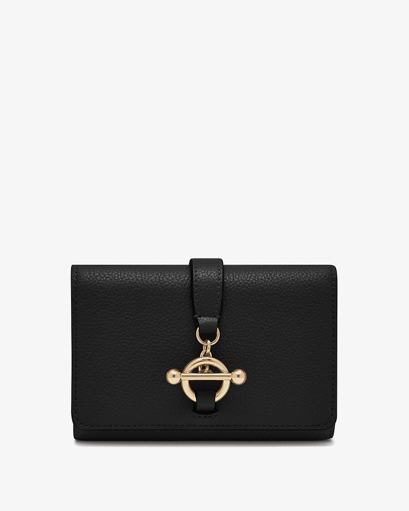 Black medium trifold wallet in pebbled leather with gold circular bar clasp