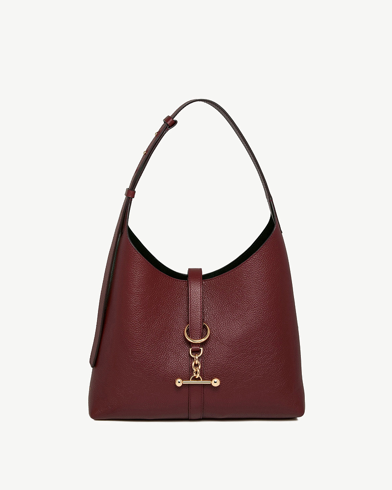 Oxblood leather kite hobo bag with single shoulder strap and gold hardware.