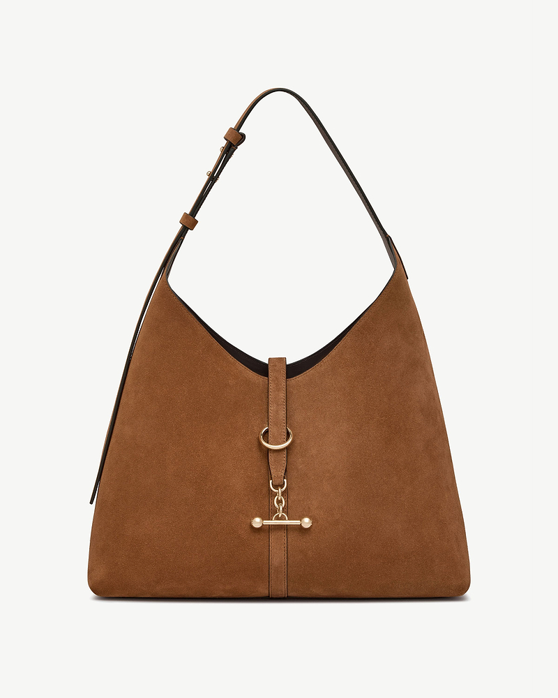 Tan suede hobo bag with single shoulder strap and gold ring toggle hardware
