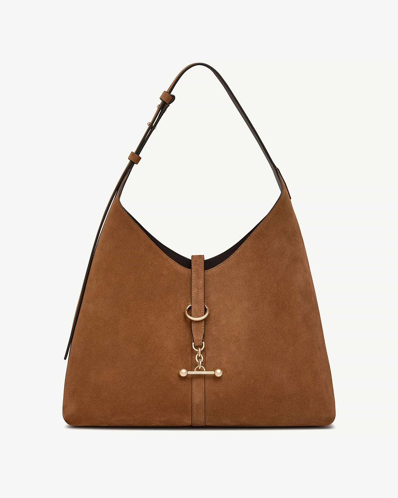 Tan suede hobo bag with single shoulder strap and gold ring toggle hardware