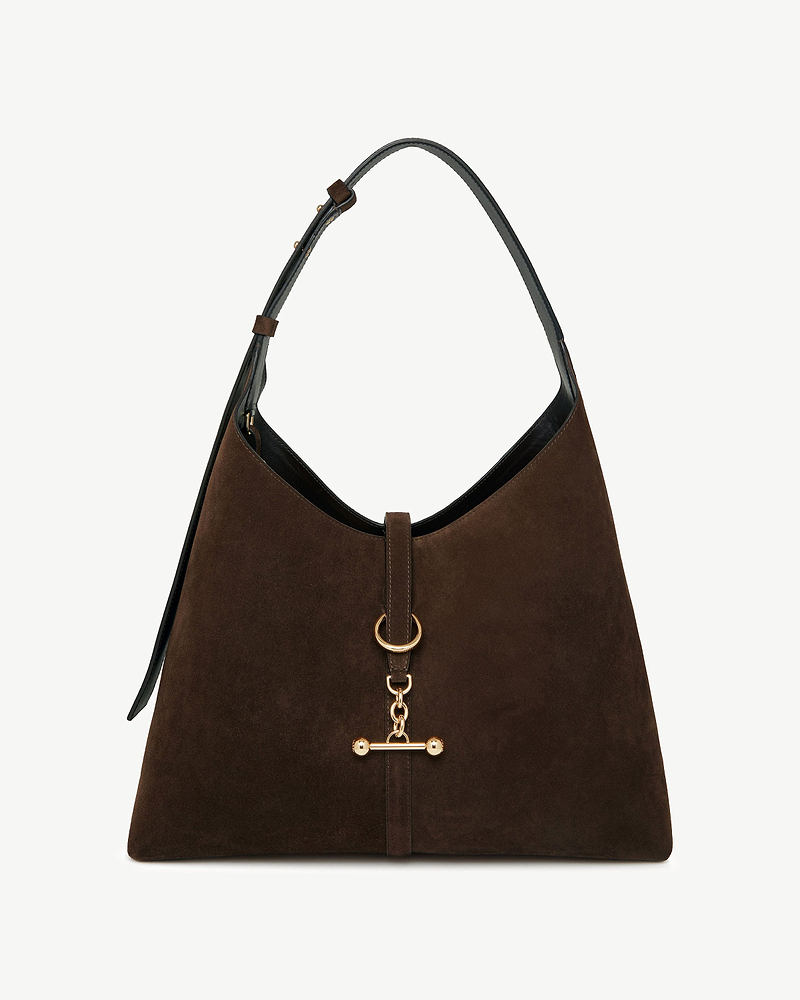Chocolate suede hobo bag with black strap and gold ring and chain detail.