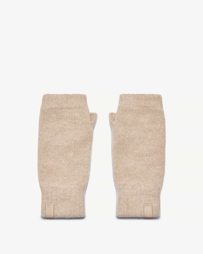 Strathberry Westray oat fingerless cashmere gloves laid flat on white background.