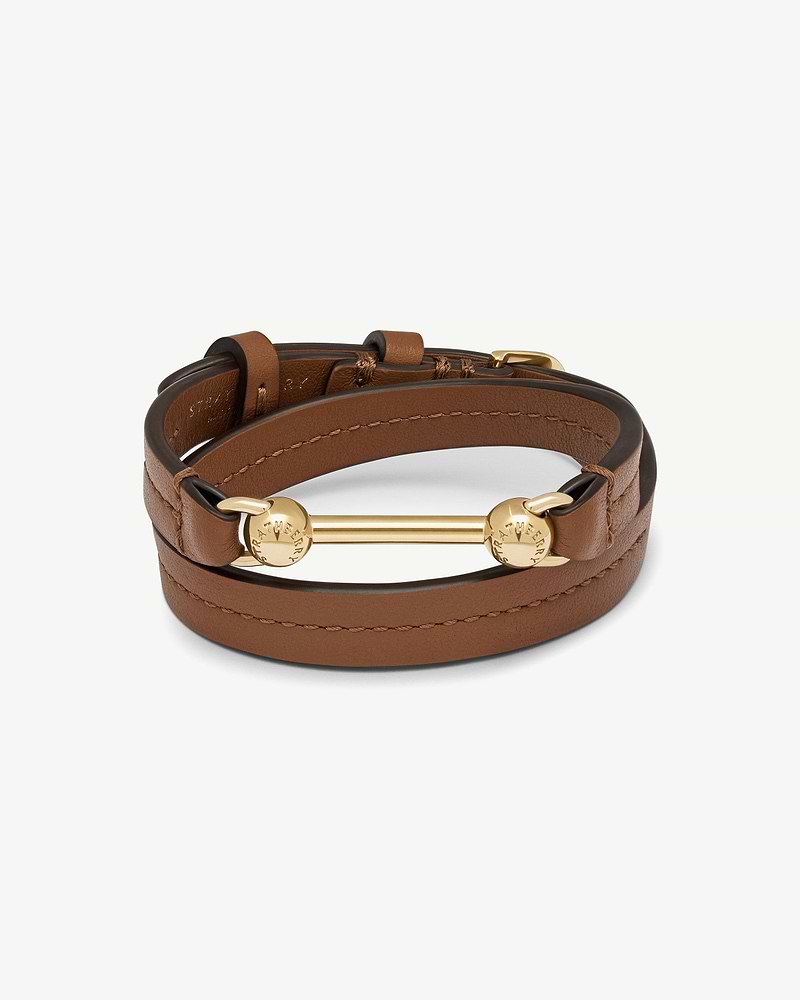 Hazelnut leather Corda double wrap bracelet with gold Strathberry bar hardware