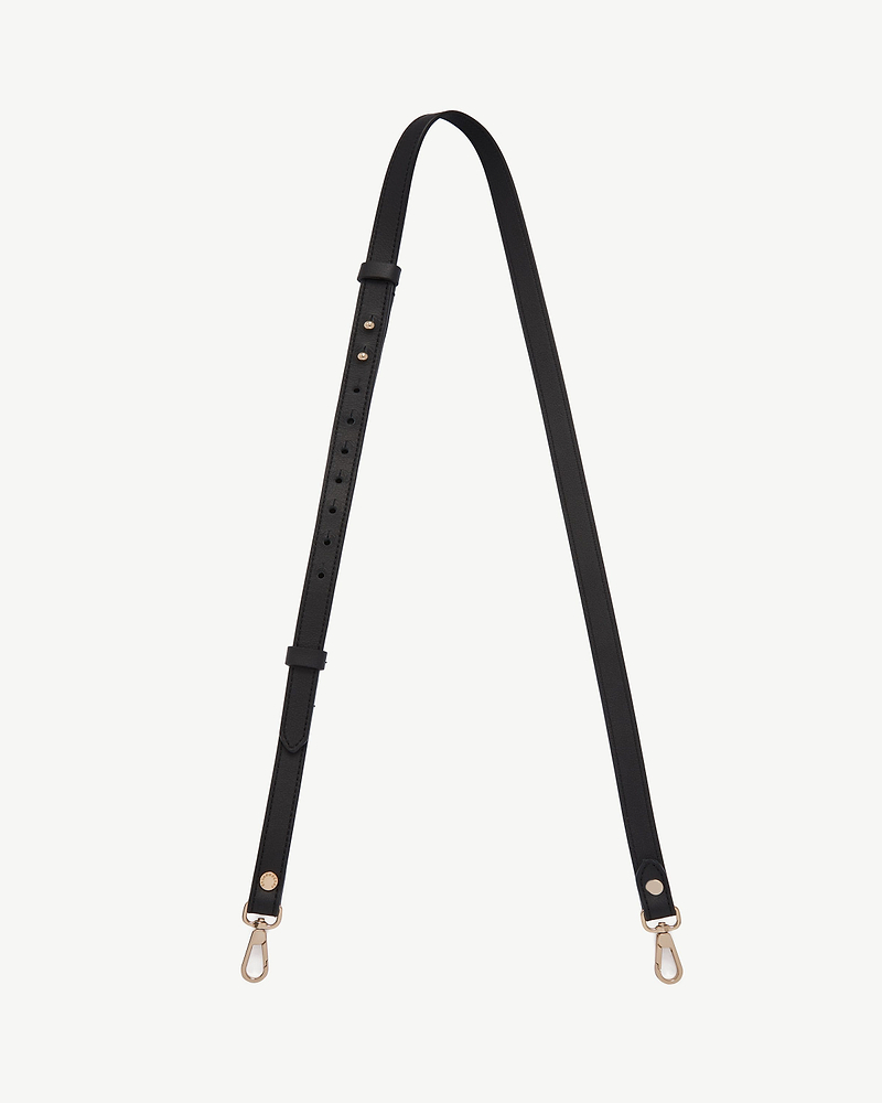 Thin adjustable black leather strap with multiple adjustment holes and gold-tone lobster clasps.