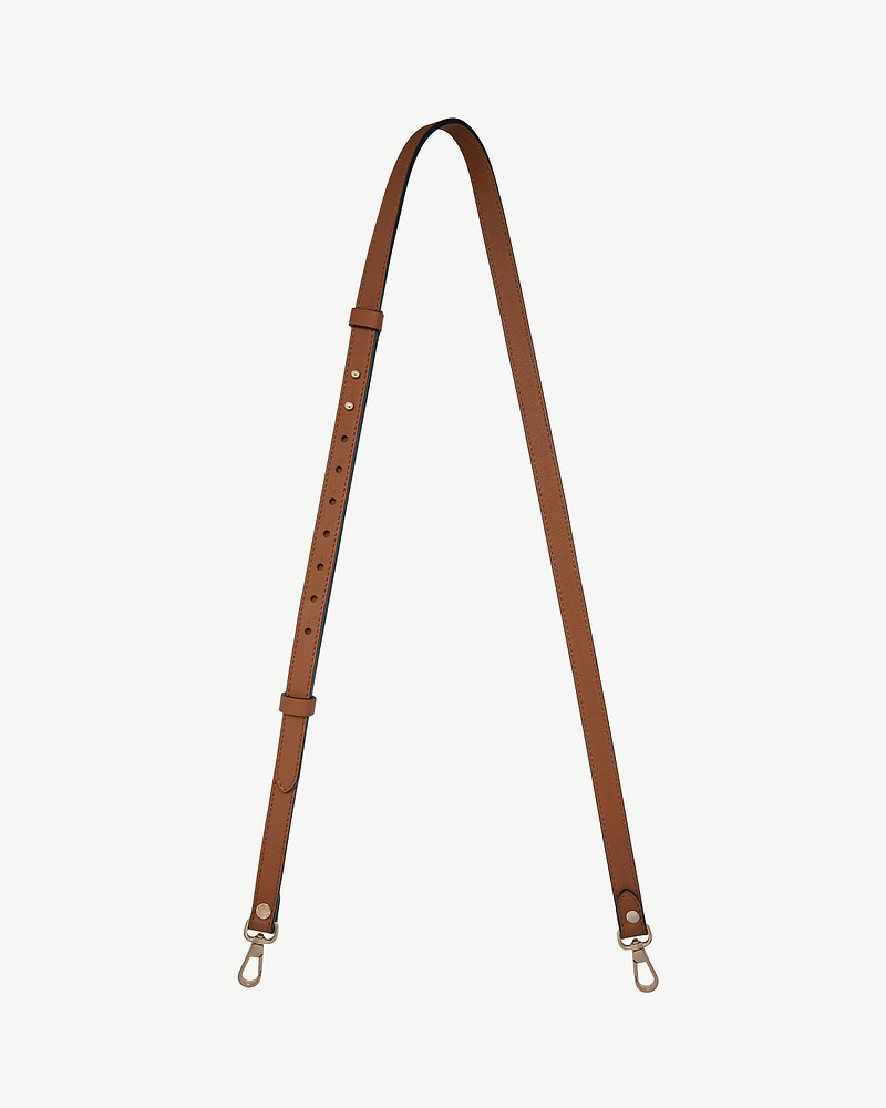 Thin chestnut adjustable leather strap with gold-tone swivel clasps and multiple holes