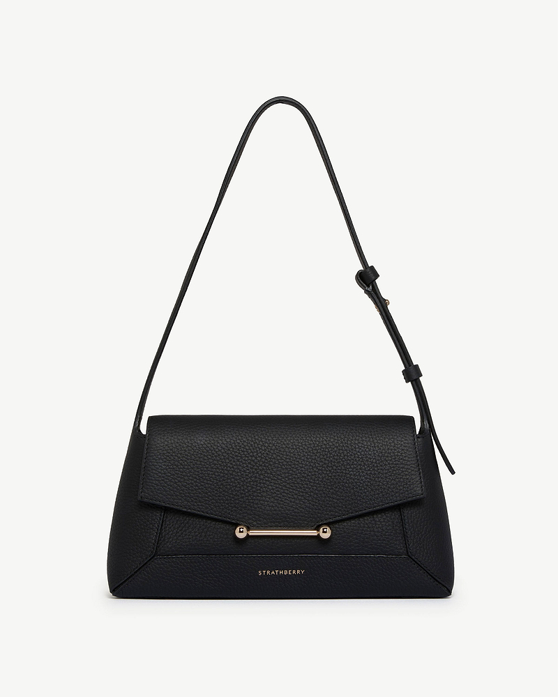 Black Mosaic Shoulder bag with adjustable strap, gold bar hardware, Strathberry logo.