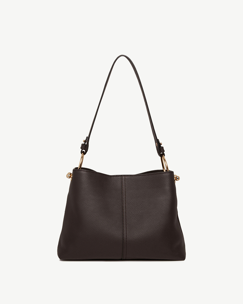 Espresso pebbled leather hobo bag with single shoulder strap and gold rings.