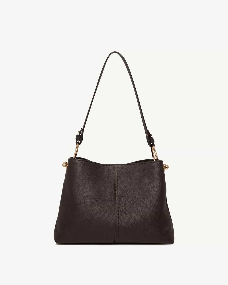 Espresso pebbled leather hobo bag with single shoulder strap and gold rings.