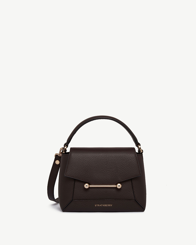 Strathberry Mosaic Nano top-handle bag in espresso leather with gold bar detail