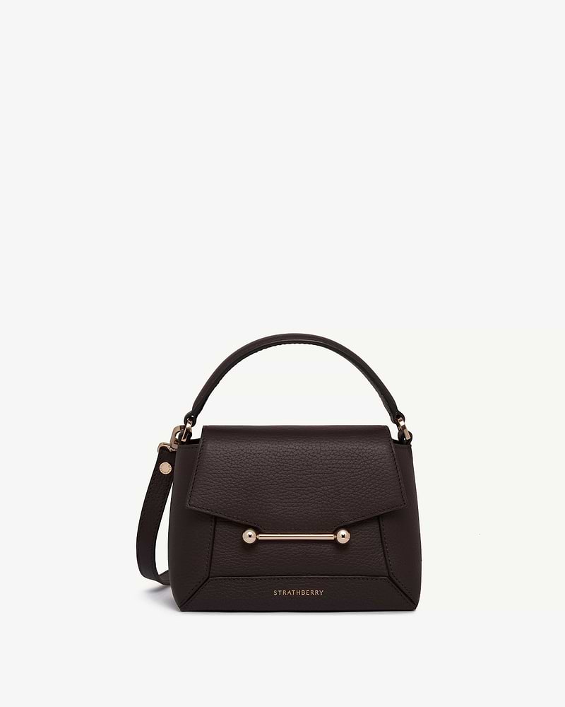 Strathberry Mosaic Nano top-handle bag in espresso leather with gold bar detail
