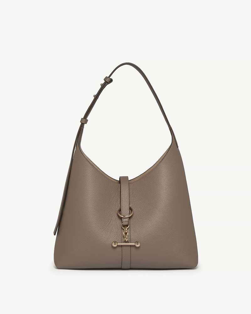 Taupe kite hobo with pebbled leather, single shoulder strap and gold hardware.