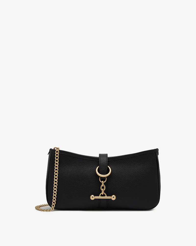 Black pebbled leather shoulder bag with gold chain strap and ring detail.