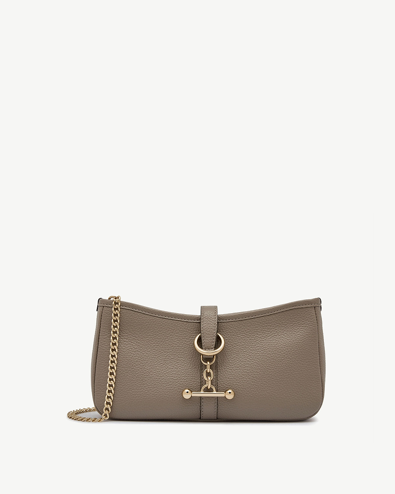Taupe leather shoulder bag with gold chain and toggle ring detail.