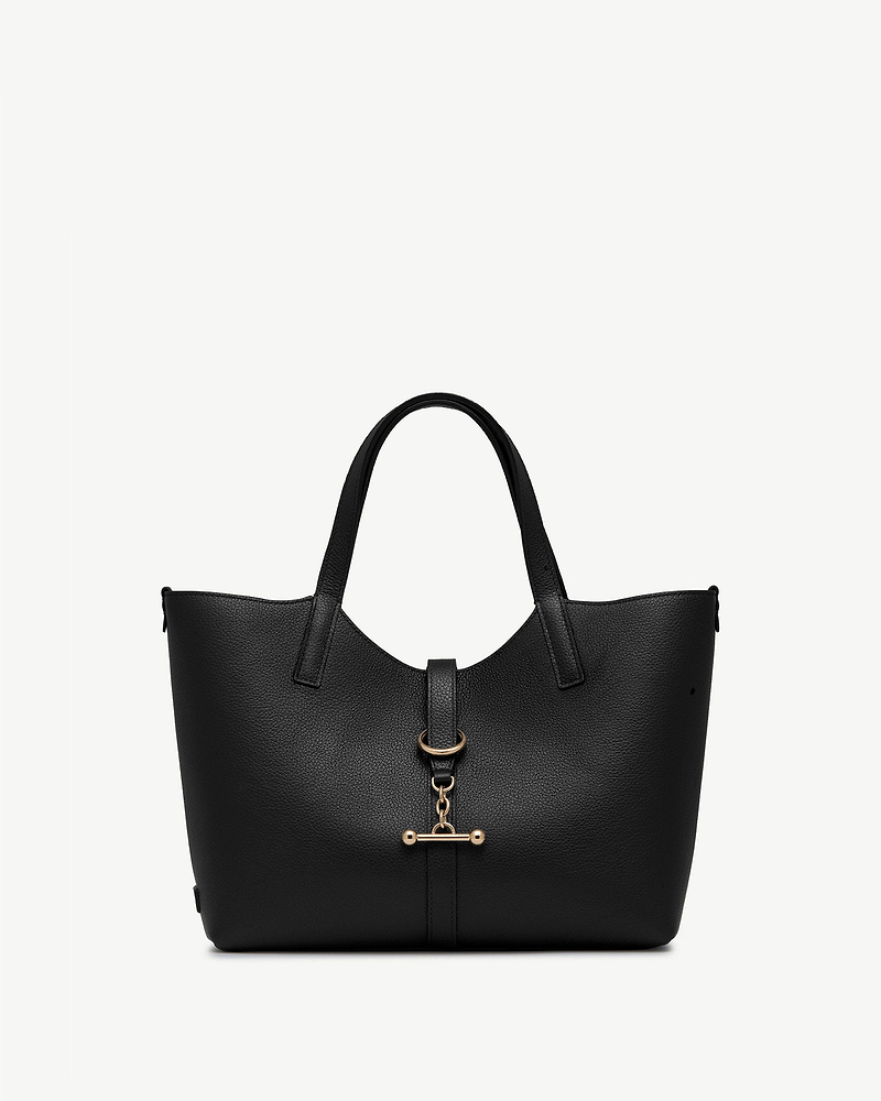 Black leather tote bag with top handles and gold T-bar clasp.