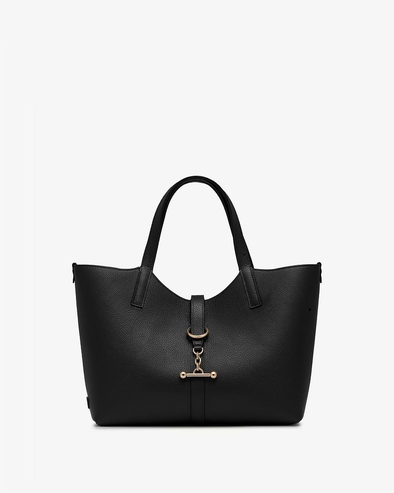 Black leather tote bag with top handles and gold T-bar clasp.