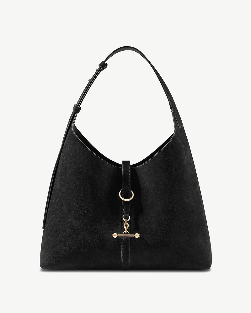 Black suede hobo bag with gold ring and chain toggle closure, single shoulder strap.