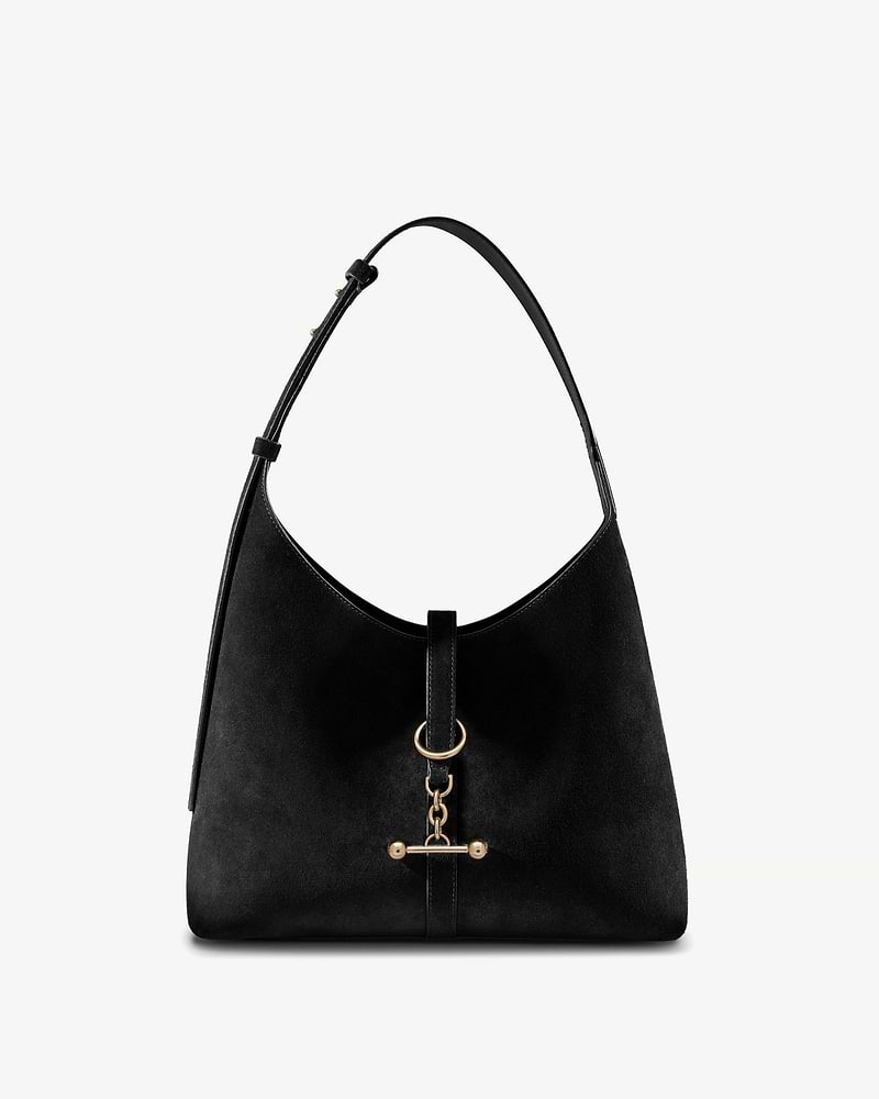 Black suede Kite Hobo with top handle and gold ring chain fastenings