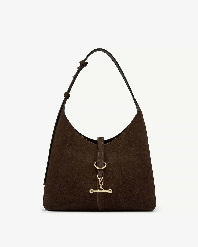Chocolate suede hobo bag with gold ring and chain toggle fastening