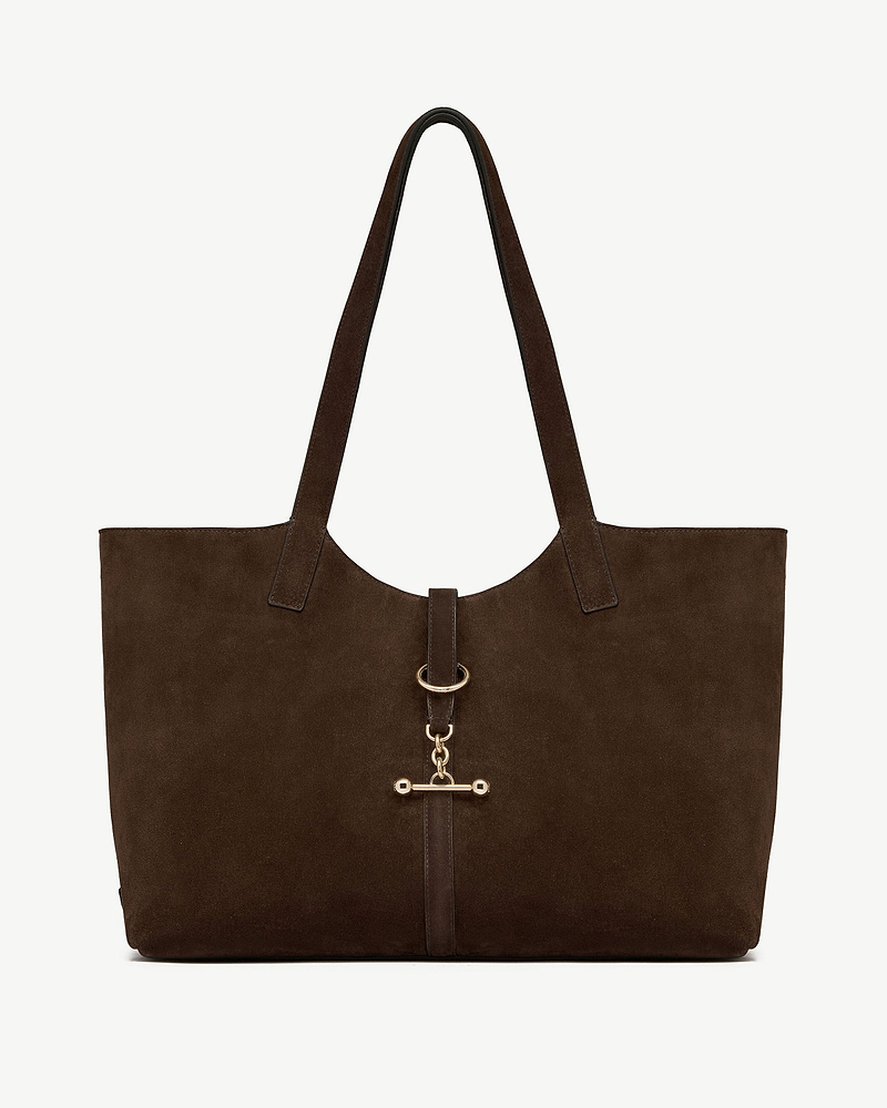 Chocolate suede tote bag with long straps and central gold bar clasp.