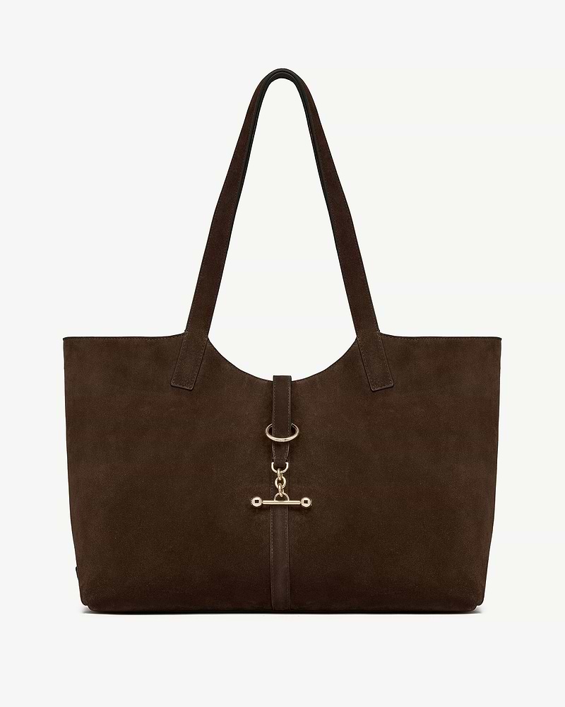 Chocolate suede tote bag with long straps and central gold bar clasp.